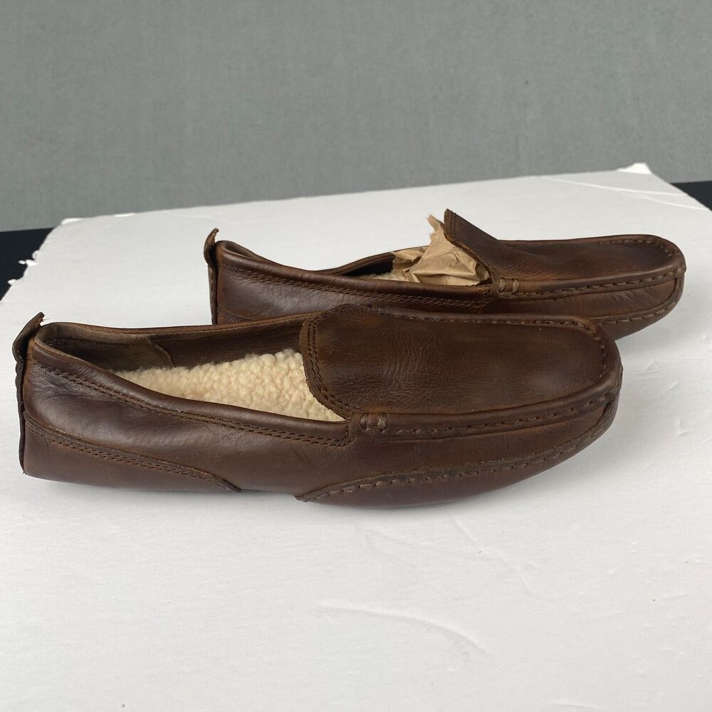 UGG Women Ascot Leather Slippers Sheepskin Shearling Lined Brown S/N 5221 US 4